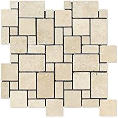 Ivory (Light) Travertine Mini-Versailles Pattern Mosaic, Tumbled - Tilefornia