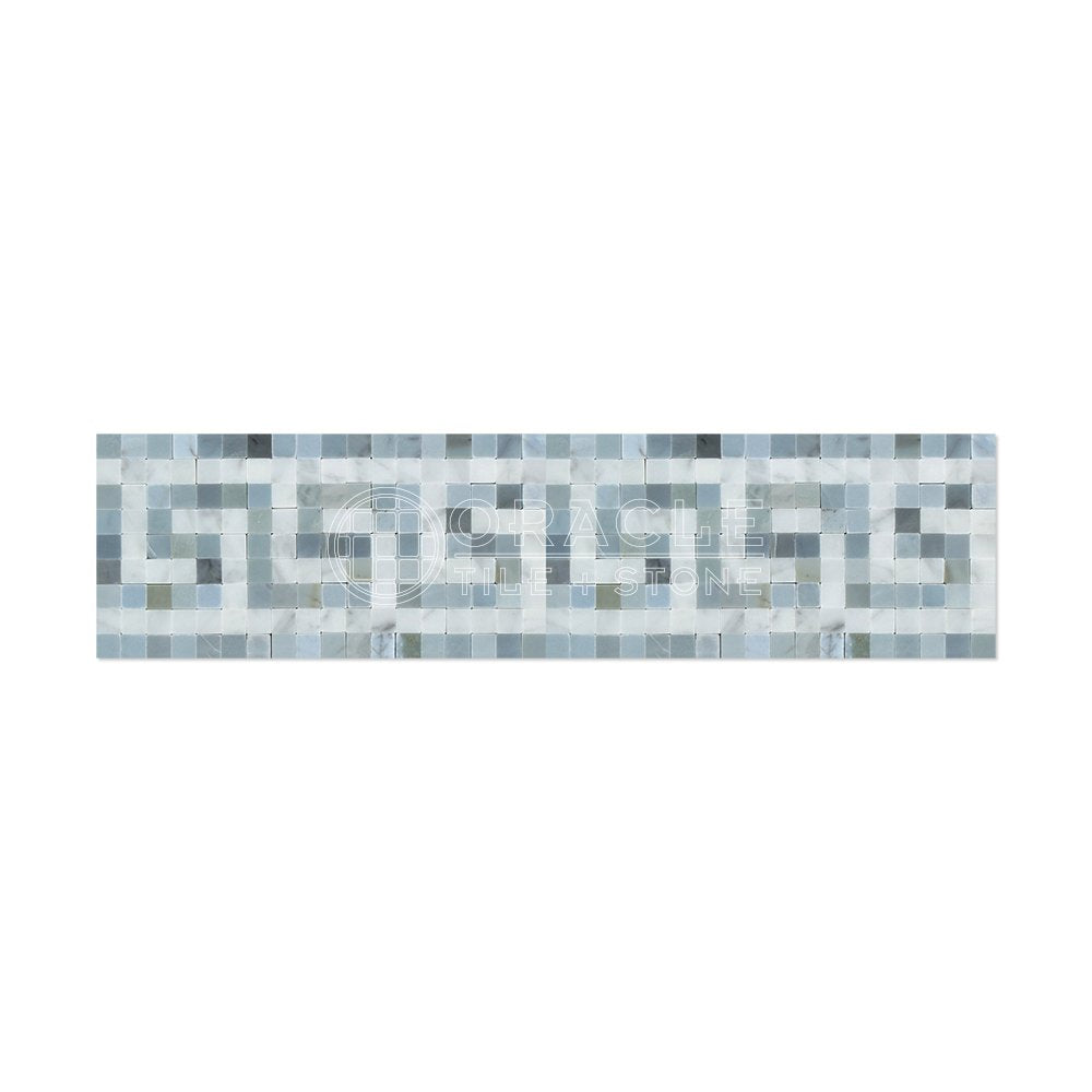 Carrara White Italian (Bianco Carrara) Marble Greek Key Border (with Blue & Gray Marble, Honed) - Tilefornia