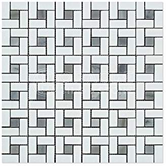Thassos White Greek Marble Pinwheel Mosaic Tile with Blue & Gray, Polished - Tilefornia