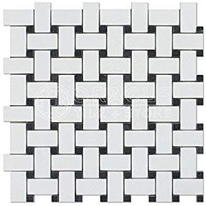 Thassos White Greek Marble Basketweave Mosaic Tile with Black Marble Dots, Polished - Tilefornia