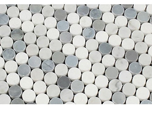 Carrara White Italian (Bianco Carrara) Marble Tricolor (Carrara + Thassos + Blue & Gray Marble) Penny Round Mosaic Tile Mosaic, Polished - Tilefornia