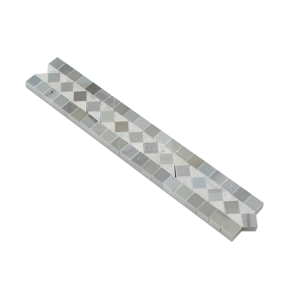 Carrara White Italian (Bianco Carrara) Marble BIAS Border / Listello with Blue & Gray Dots, Polished - Tilefornia