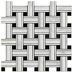 Oriental White (Eastern White) Marble Triple-Weave with Black Marble Dots, Honed - Tilefornia