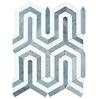 Thassos White Greek Marble Berlinetta Design Mosaic Tile with Blue & Gray, Polished - Tilefornia