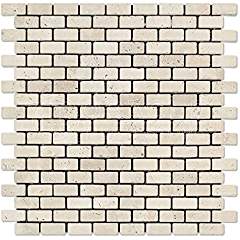 Ivory (Light) Travertine Mini Brick Mosaic Tile, Tumbled - 6" X 6" Sample - Tilefornia