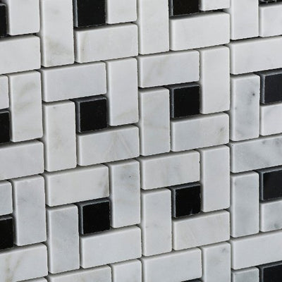 White Carrara Marble Pinwheel Mosaic Tile with Black Dots, Honed