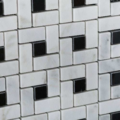 Bianco Carrara White Marble Honed Pinwheel Mosaic Tile with Black Dots - Lot of 50 sq. ft. - Tilefornia