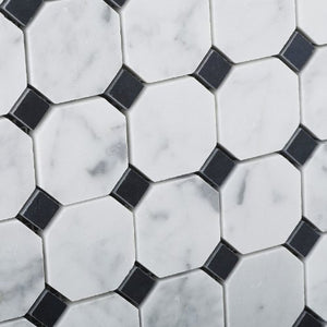 Bianco Carrara White Marble Polished Octagon Mosaic Tile with Black Dots - 6" X 6" Sample - Tilefornia