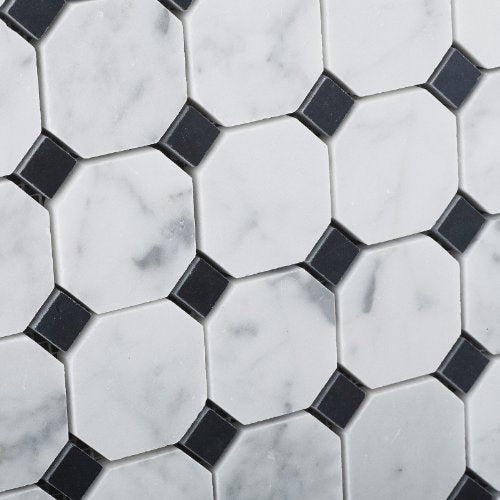 Bianco Carrara White Marble Honed Octagon Mosaic Tile with Black Dots - Tilefornia