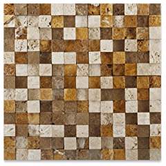 Mixed (Ivory + Noce + Gold) Travertine Mosaic Tile 1x1, Split Face