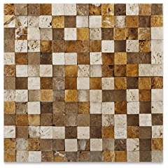 MIXED (IVORY-NOCE-GOLD) 1X1 Travertine HI-LOW Split-Faced Mosaic Tile - Tilefornia
