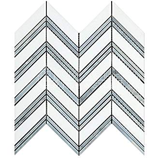 Thassos White Greek Marble Chevron Large (Blue & Gray Strips) Mosaic Tile, Honed - Tilefornia