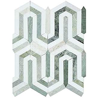 Thassos White Greek Marble Berlinetta Design Mosaic Tile with Ming Green, Polished - Tilefornia