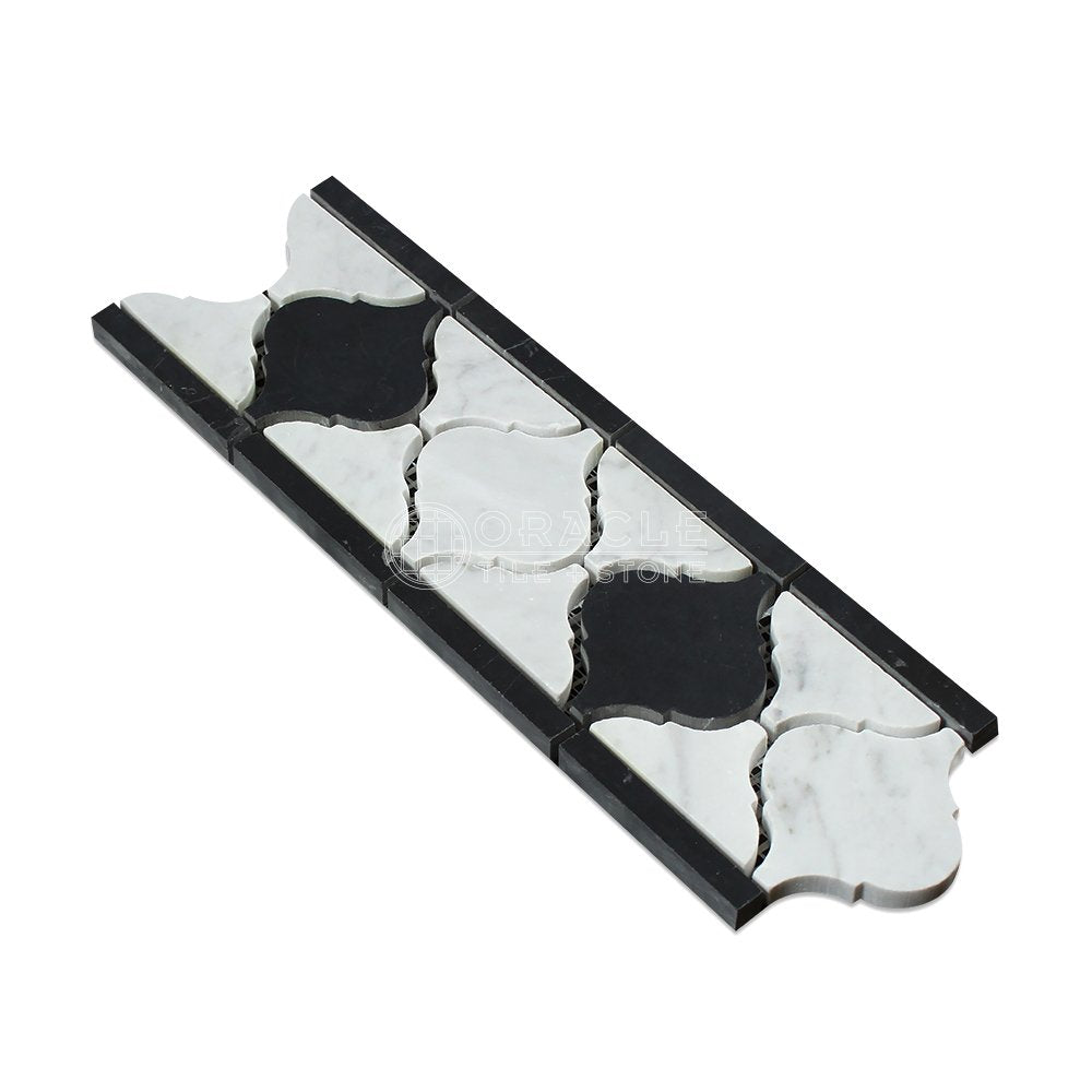 Carrara White Italian (Bianco Carrara) Marble Lantern Border (with Black Marble, Honed) - Tilefornia