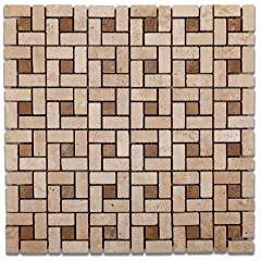 Ivory / Light Travertine Tumbled Mini-Pinwheel Mosaic Tile w/ Noce Dots Lot of 50 sheets - Tilefornia
