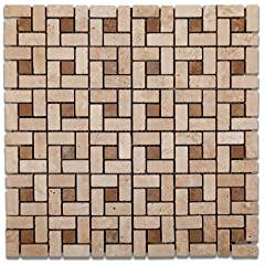Ivory/Light Travertine Tumbled Mini-Pinwheel Mosaic Tile w/Noce Dots - 1 full sheets - Tilefornia