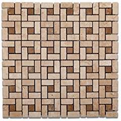 Ivory / Light Travertine Tumbled Mini-Pinwheel Mosaic Tile w/ Noce Dots 5 sheets - Tilefornia