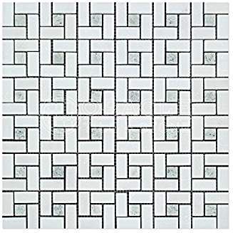 Thassos White Greek Marble Pinwheel Mosaic Tile with Ming Green, Polished - Tilefornia
