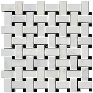 Oriental White (Eastern White) Marble Basketweave Mosaic Tile (Honed / Black Dots) - Tilefornia