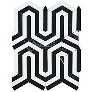 Thassos White Greek Marble Berlinetta Design Mosaic Tile with Black, Honed - Tilefornia