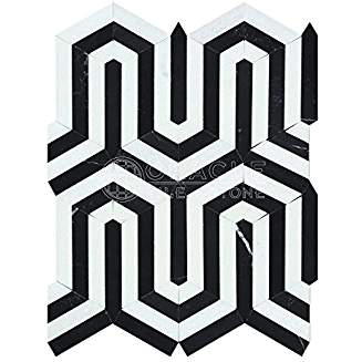 Thassos White Greek Marble Berlinetta Design Mosaic Tile with Black, Polished - Tilefornia