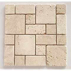 Ivory (Light) Travertine 3-Pieced Mini-Pattern Mosaic Tile, Tumbled - Lot of 15 Sheets - Tilefornia