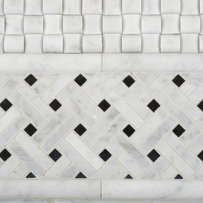White Carrara Marble Basketweave Mosaic Tile 6x6 with Black Dots, Polished