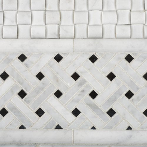 Carrara White Marble Polished Stanza Basketweave Mosaic Tile with Black Dots - 6