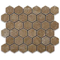Noce Travertine Tumbled 2" Hexagon Mosaic Tile on Mesh - Lot of 50 sq. ft. - Tilefornia