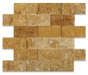 Gold / Yellow Travertine 2 X 4 Split-Faced Brick Mosaic Tile - Box of 4 sq. ft. - Tilefornia