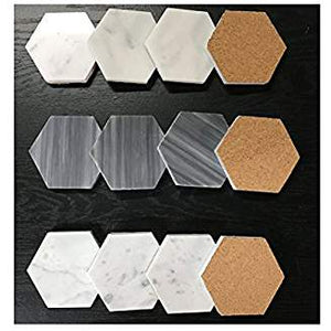 Natural Stone Real Italian Marble Hexagonal Coasters with Cork Backing (10, THASSOS WHITE) - Tilefornia