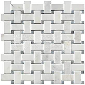 Oriental White (Eastern White) Marble Basketweave Mosaic Tile (Honed / Blue & Gray Dots) - Tilefornia