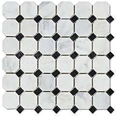 Oriental White (Eastern White) Marble Octagon Mosaic Tile w/ Black Marble Dots, Polished - Box of 5 Sheets - Tilefornia