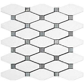 Thassos White Greek Marble Octave Pattern Mosaic Tile with Blue & Gray Marble Dots, Polished - Tilefornia