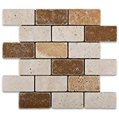 Mixed Travertine 2 X 4 Tumbled Brick Mosaic Tile - 6" X 6" Sample - Tilefornia