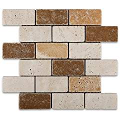 Mixed Travertine 2 X 4 Tumbled Brick Mosaic Tile - Box of 50 sq. ft. - Tilefornia