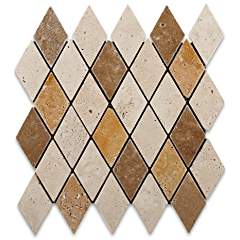 Mixed Travertine 2 X 4 Tumbled Diamond Mosaic Tile - 6" X 6" Sample - Tilefornia
