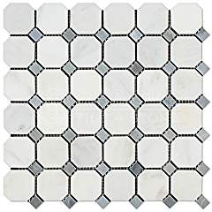 Oriental White (Eastern White) Marble Octagon Mosaic Tile (Polished, Blue Dots) - Tilefornia