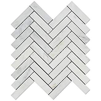 Oriental White (Eastern White) Marble 1 X 4 Herringbone Mosaic Tile, Polished - Tilefornia