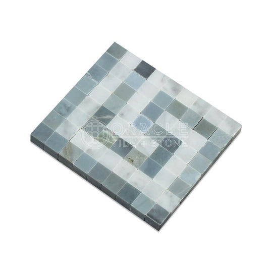 Carrara White Italian (Bianco Carrara) Marble Greek Key Border Corner (with Blue & Gray Marble, Honed) - Tilefornia