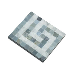 Carrara White Italian (Bianco Carrara) Marble Greek Key Border Corner (with Blue & Gray Marble, Polished) - Tilefornia