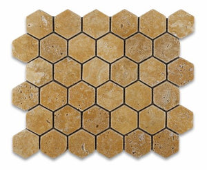 Gold / Yellow Travertine Tumbled 2 Hexagon Mosaic Tile - 6" X 6" Sample - Tilefornia