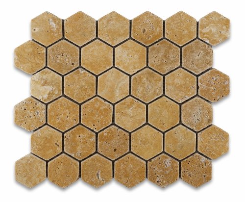 Gold / Yellow Travertine Tumbled 2 Hexagon Mosaic Tile - 6