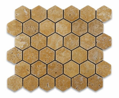 Gold Travertine Hexagon Mosaic Tile 2 in, Tumbled