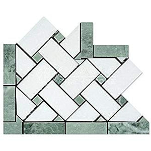 Thassos White Greek Marble Basketweave Border Corner Tile with Ming Green Marble Dots, Honed - Tilefornia