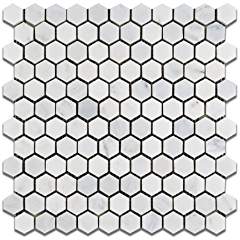 Oriental White - Eastern White Marble 1" Hexagon HONED Mosaic Tile - 6" X 6" Sample - Tilefornia