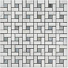 Oriental White (Eastern White) Marble Pinwheel Mosaic Tile with Blue & Gray, Polished - Tilefornia