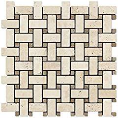 Ivory Travertine Basketweave Mosaic Tile with Noce Dots, Tumbled