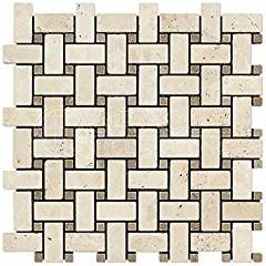 Ivory (Light) Travertine Basketweave Mosaic Tile with Noce Travertine Dots, Tumbled - Tilefornia