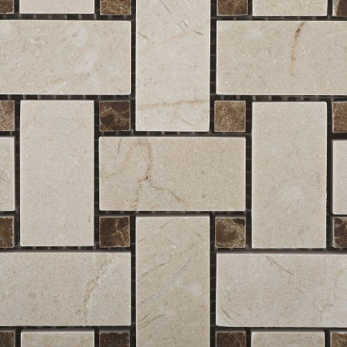 Crema Marfil Polished Basketweave Mosaic Tile w/ Emperador Dark Dots - 6" X 6" Sample - Tilefornia